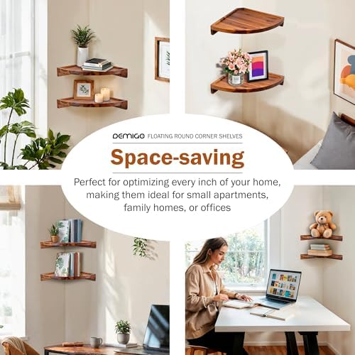 Demigo Floating Round Corner Shelves 2pcs Natural Brown