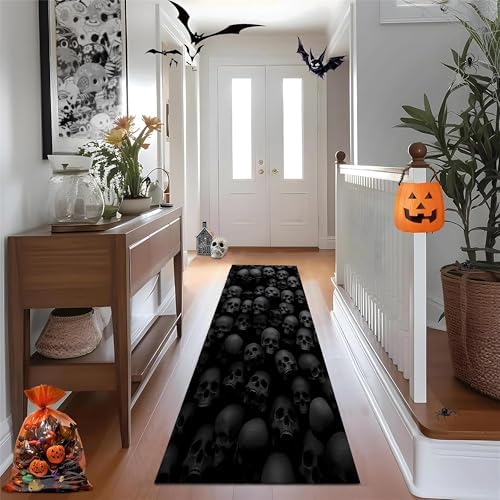 Halloween Black Skull Runner Rug 26x7ft