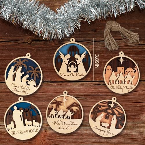 6 Pack Wooden Christmas Ornaments Set with Nativity Scene Decorations