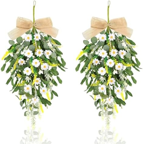 2 Pcs 24 Inch Artificial White Daisy Teardrop Wreath Swag