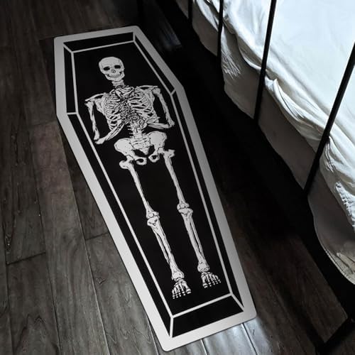 Halloween Coffin Skeleton Bat Runner Rug - Black Non-Slip Washable
