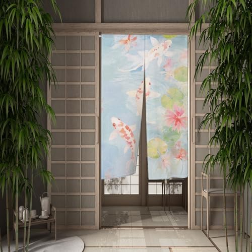 Japanese Noren Door Curtain with Lotus and Koi Fish Design