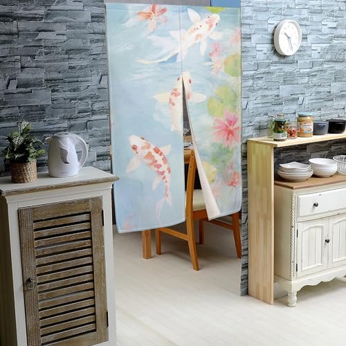 Japanese Noren Door Curtain with Lotus and Koi Fish Design