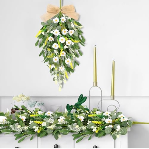 2 Pcs 24 Inch Artificial White Daisy Teardrop Wreath Swag