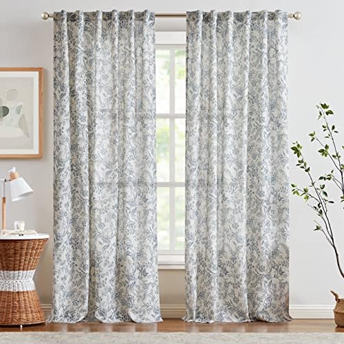 Lazzzy Linen Curtains Farmhouse Blue Floral Print 2 Panels Set