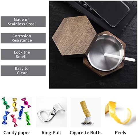 Hexagonal Wooden Ashtray with Stainless Steel Liner Gray