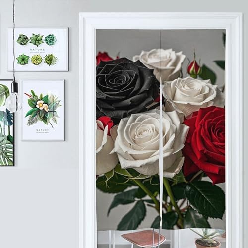 Black White Red Roses Door Cover Curtain 57x17 Inches