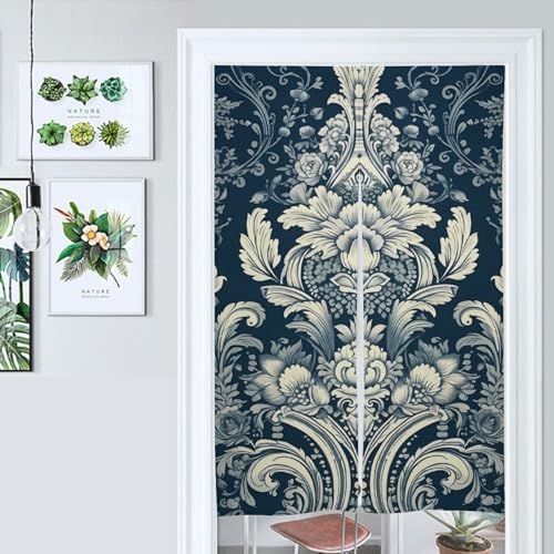 Japanese Noren Pattern Blue Background Door Curtain 34x57 Inch Split Drape