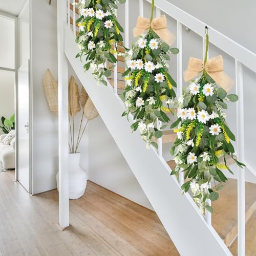 2 Pcs 24 Inch Artificial White Daisy Teardrop Wreath Swag