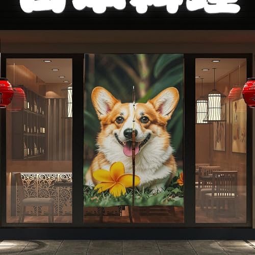Tropical Flower and Corgi Door Cover Curtain 57x17 Inches
