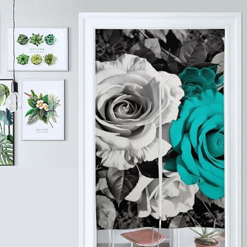 Black White Teal Gray Rose Flowers Door Curtain 57x17 Inches
