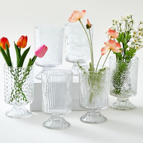 6 Pcs Clear Embossed Glass Vases for Wedding Centerpieces
