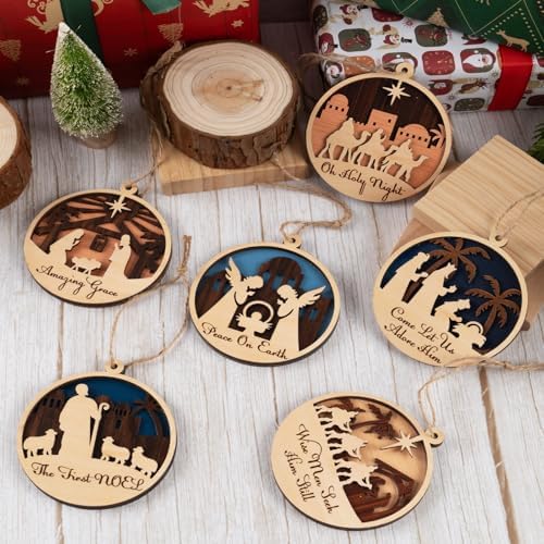 6 Pack Wooden Christmas Ornaments Set with Nativity Scene Decorations