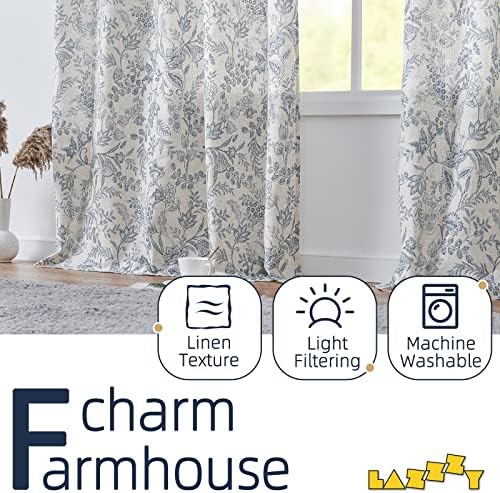 Lazzzy Linen Curtains Farmhouse Blue Floral Print 2 Panels Set