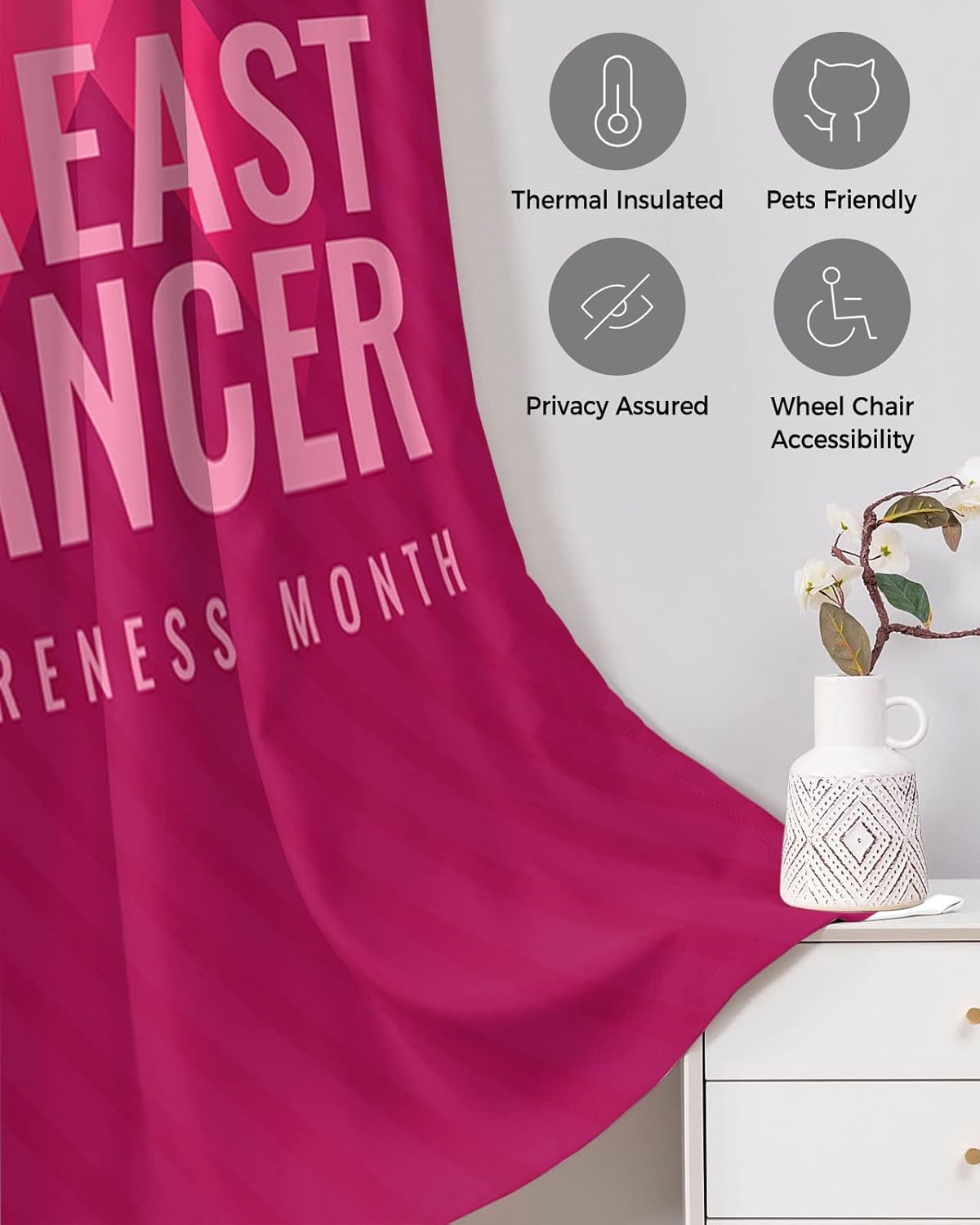 Breast Cancer Awareness Door Curtain with Pink String - 42x84 Inch Blackout Panels
