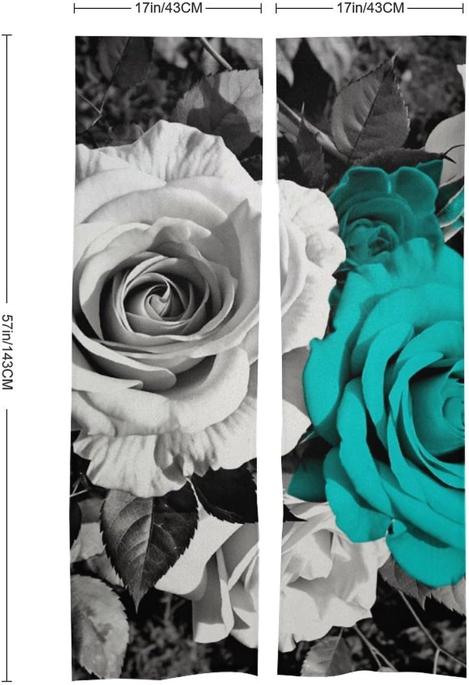 Black White Teal Gray Rose Flowers Door Curtain 57x17 Inches