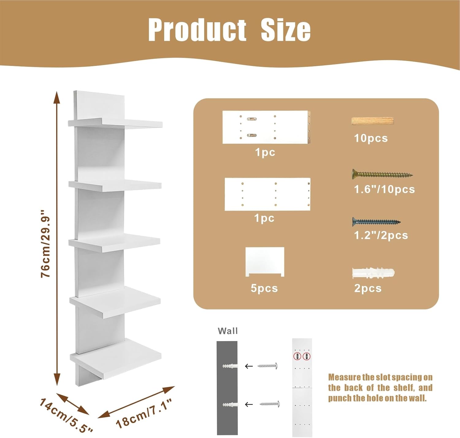 5 Tier Wall Mounted Floating Shelf Natural Finish