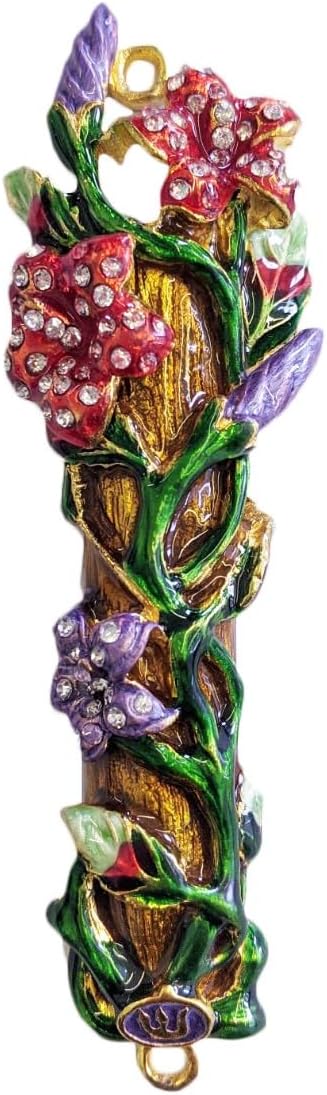 Beautiful Floral Mezuzah 5 Inch with Hand Painted Enamel and Crystals
