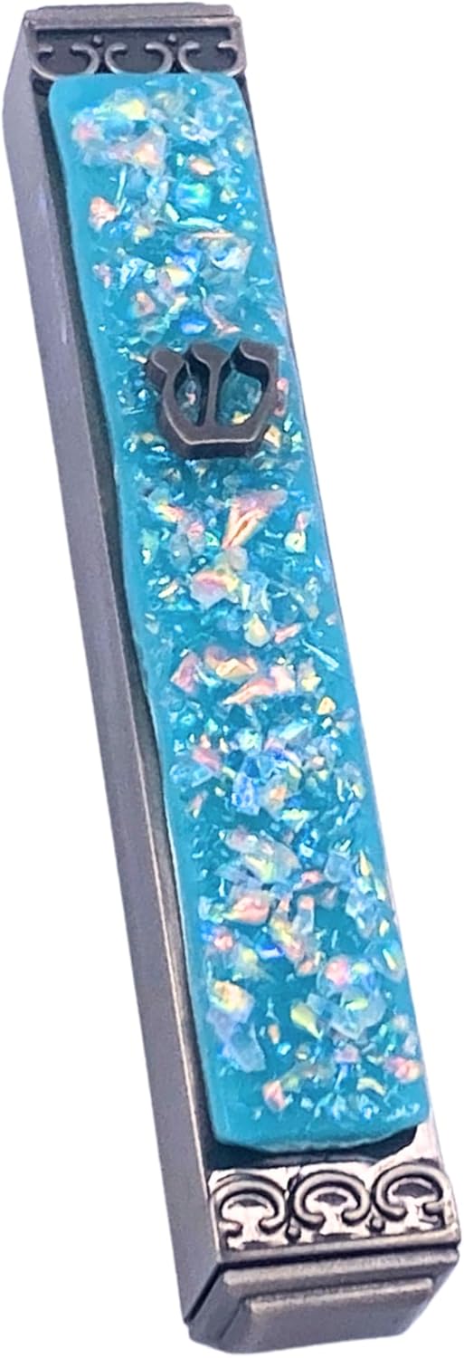 Sparkling Art Glass Mezuzah with Opal Blue Design