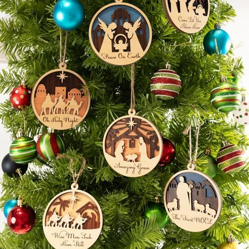 6 Pack Wooden Christmas Ornaments Set with Nativity Scene Decorations