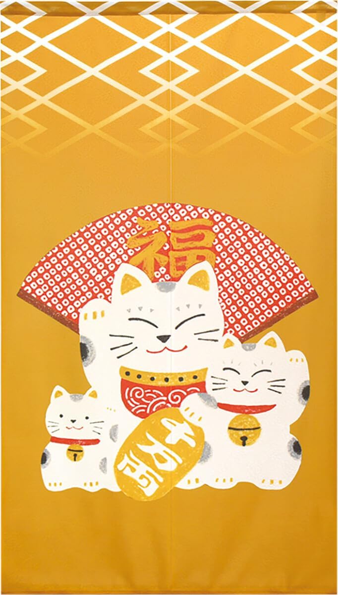 EDOYA Japanese Doorway Curtain with Animal Design Lucky Cat Yellow
