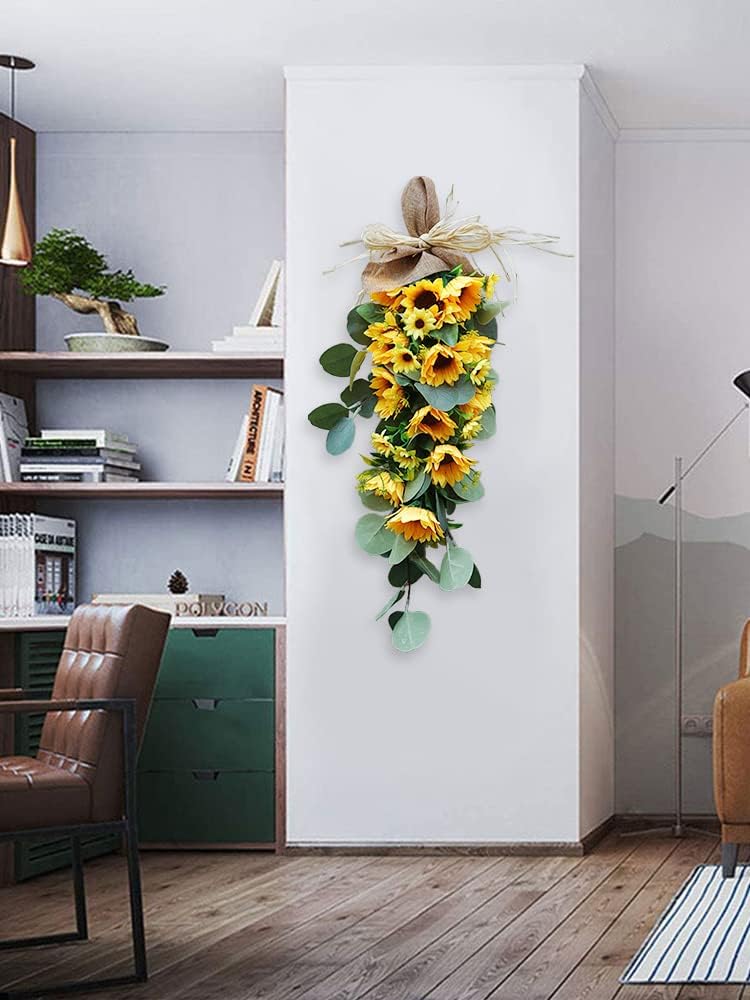 Belupai Sunflower Teardrop Wreath with Eucalyptus Leaves