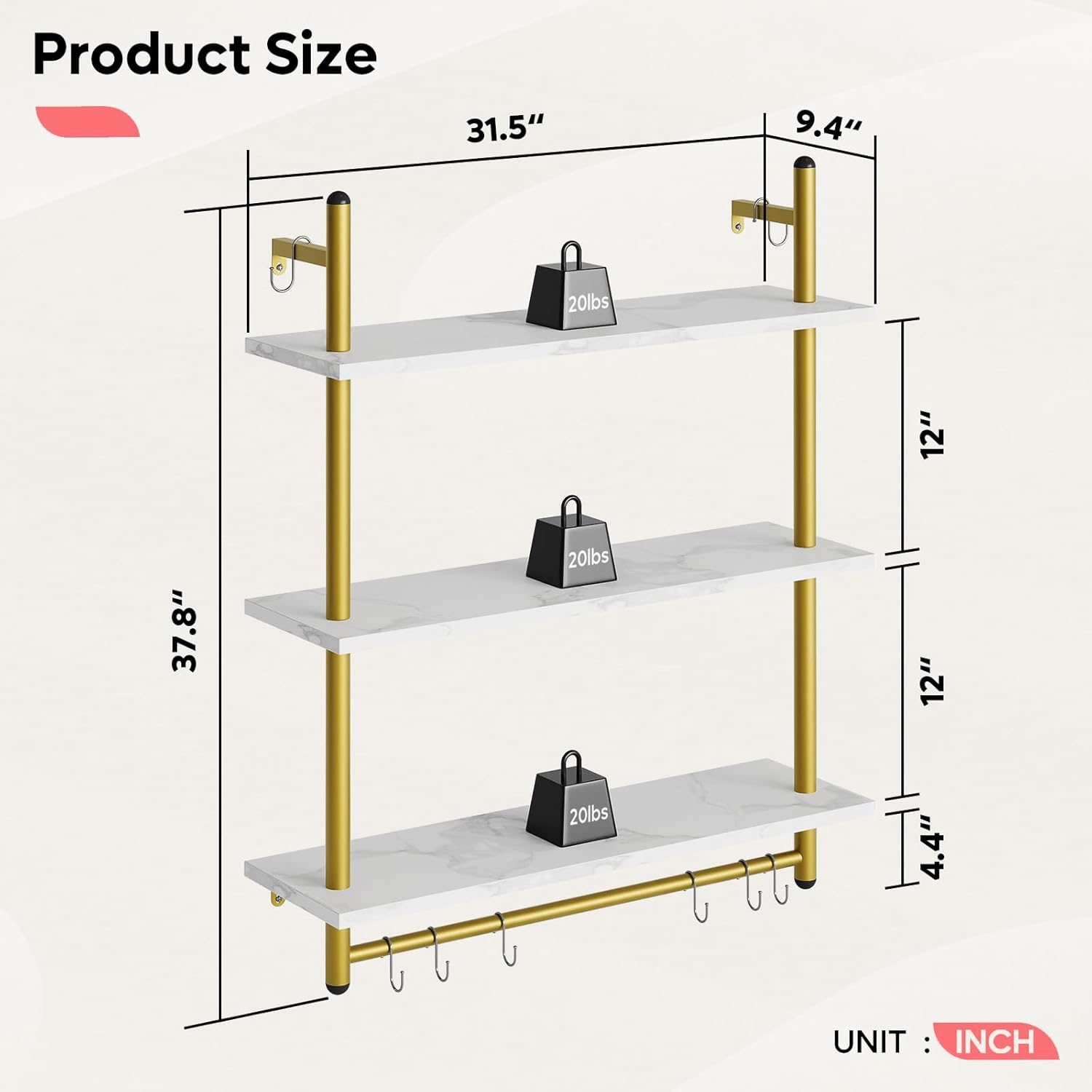 Bestier 31 Inch 3 Tier Floating Wall Shelf with 8 Hooks