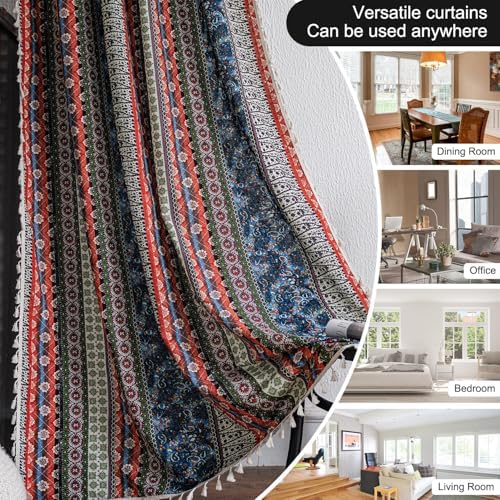 VOGOL Linen Textured Boho Curtains Red Strips 28x84