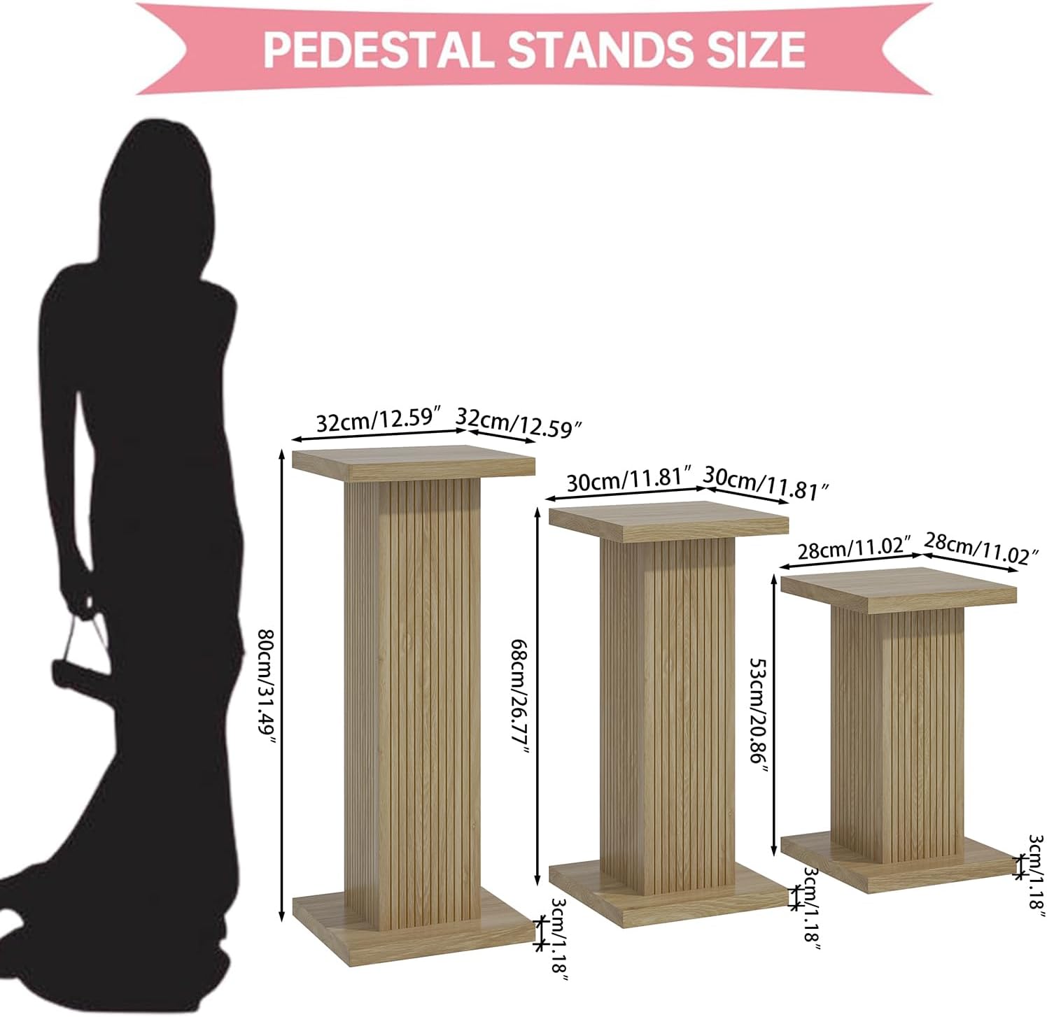 3Pcs Square Wood Pedestal Display Stand Set