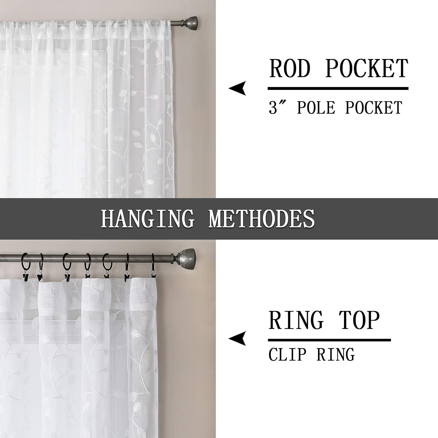 Tollpiz White Leaf Embroidered Sheer Curtains 30x24 Inches Set of 2