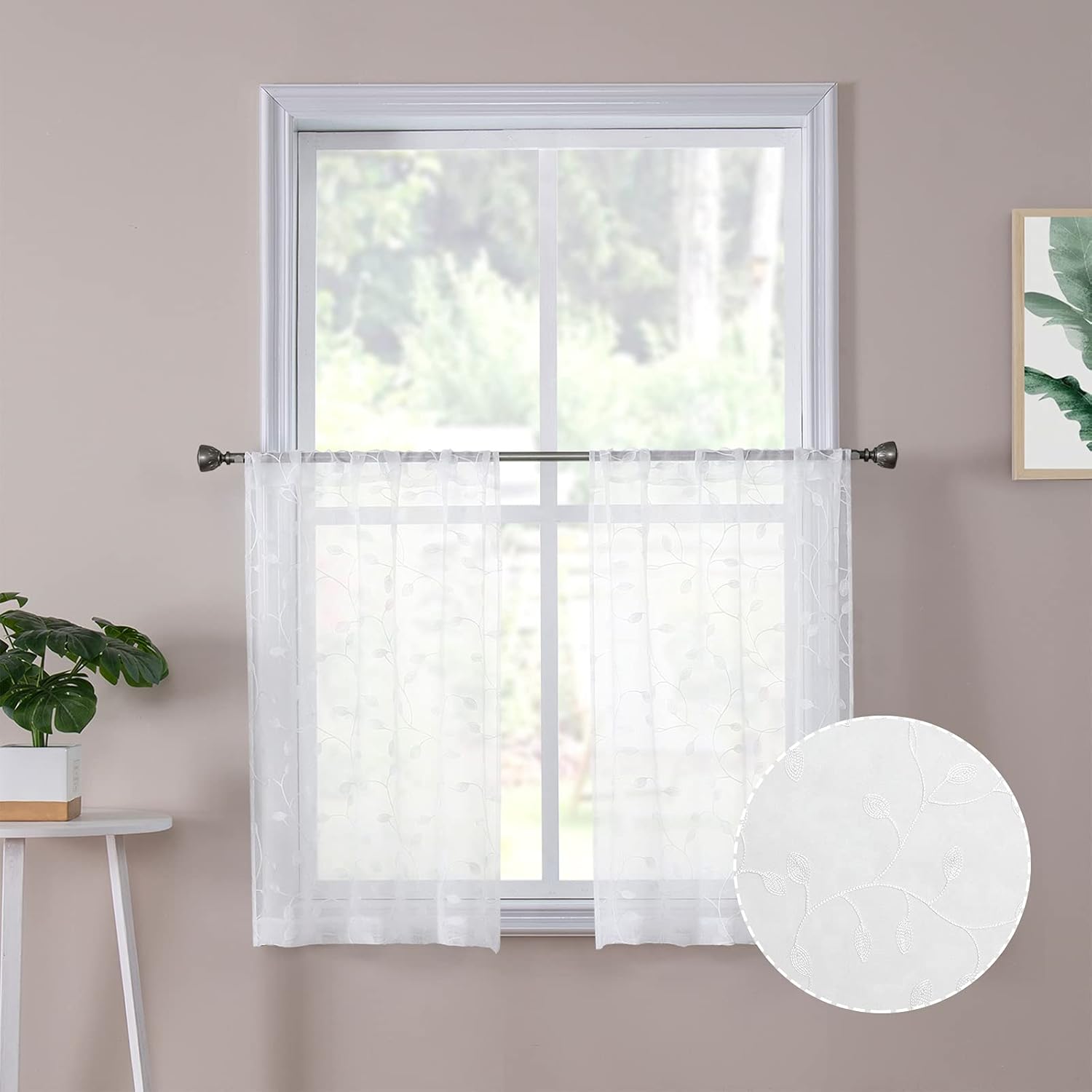 Tollpiz White Leaf Embroidered Sheer Curtains 30x24 Inches Set of 2