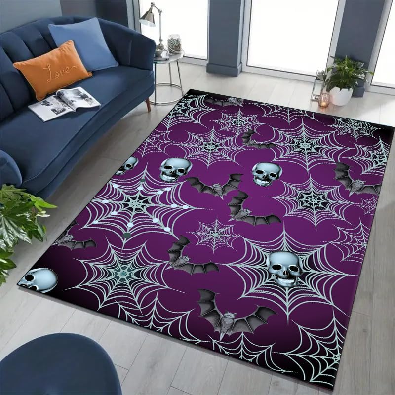 Halloween Gothic Area Rug 3x4ft Skull Bat Spider Web