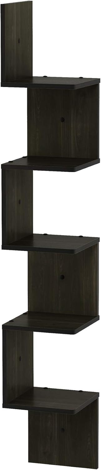 Furinno Rossi Wall Mount Floating Corner Shelf 5-Tier Espresso