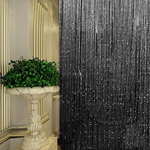 Topixdeals Black Curtain with Silver Ribbon Strip Tassel