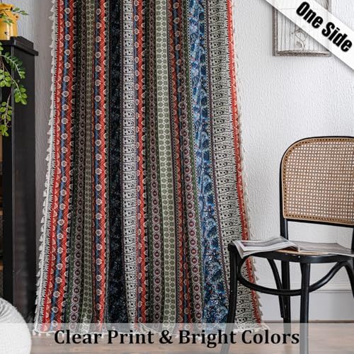 VOGOL Linen Textured Boho Curtains Red Strips 28x84