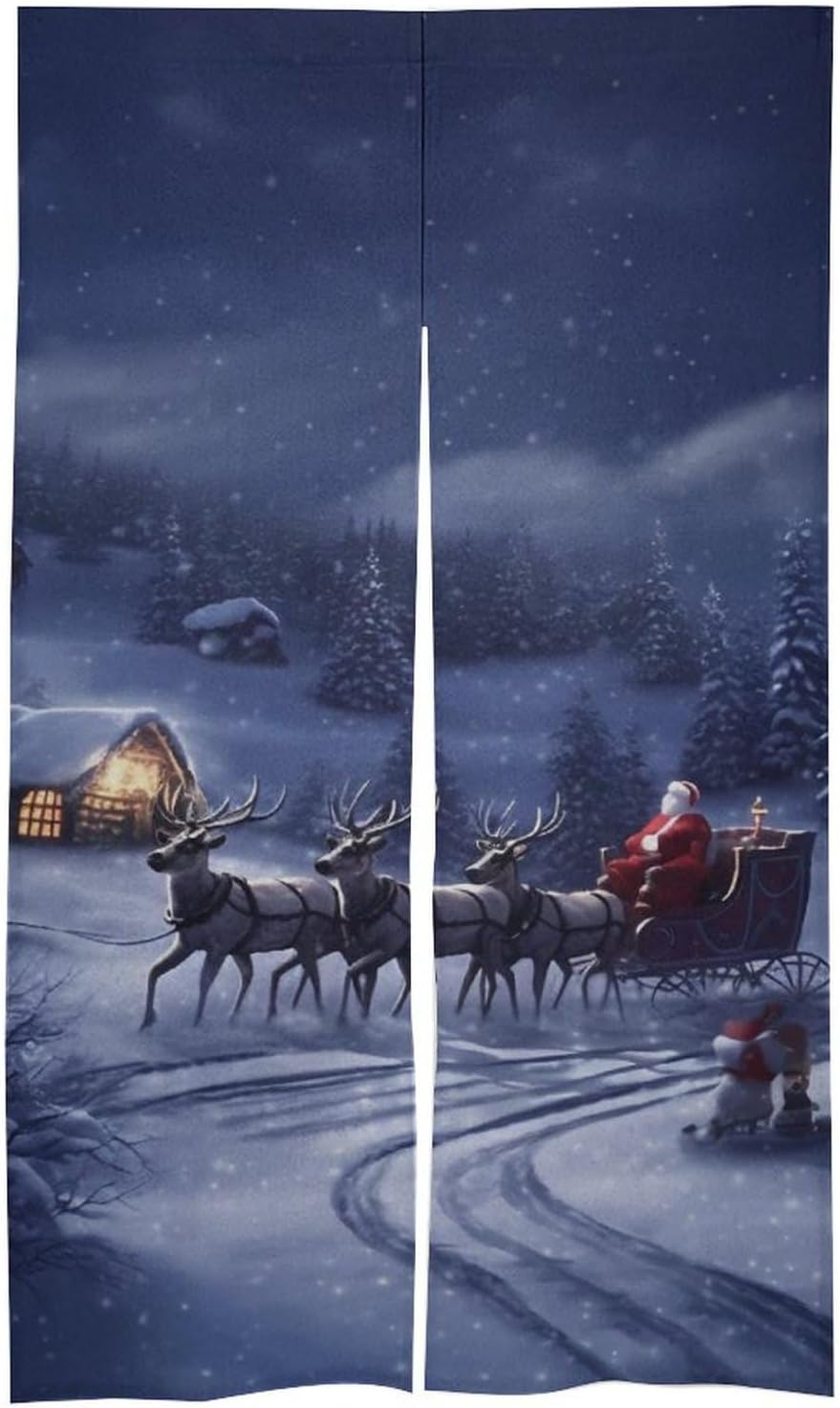 Snow Night Santa and Deer Split Door Curtain