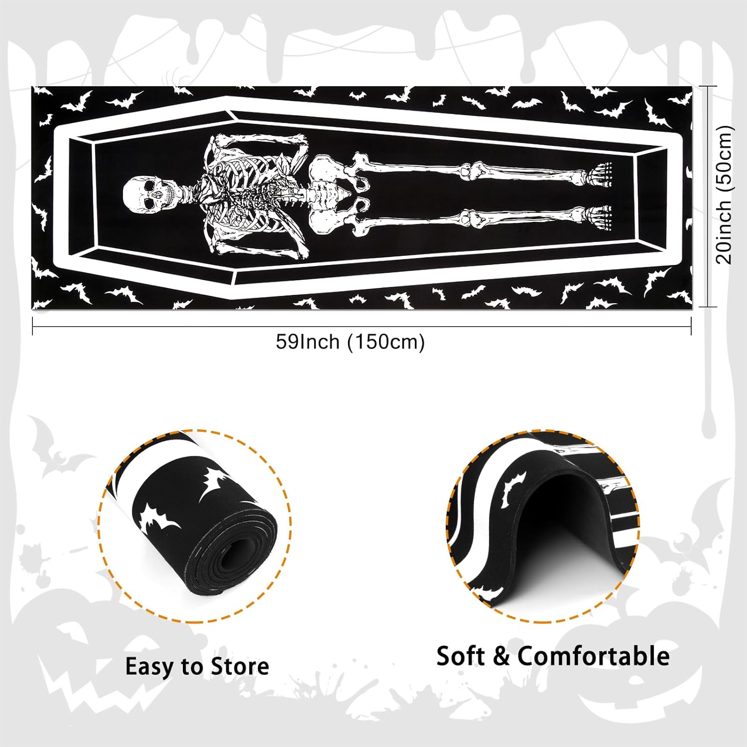 Halloween Coffin Skeleton Bat Runner Rug - Black Non-Slip Washable