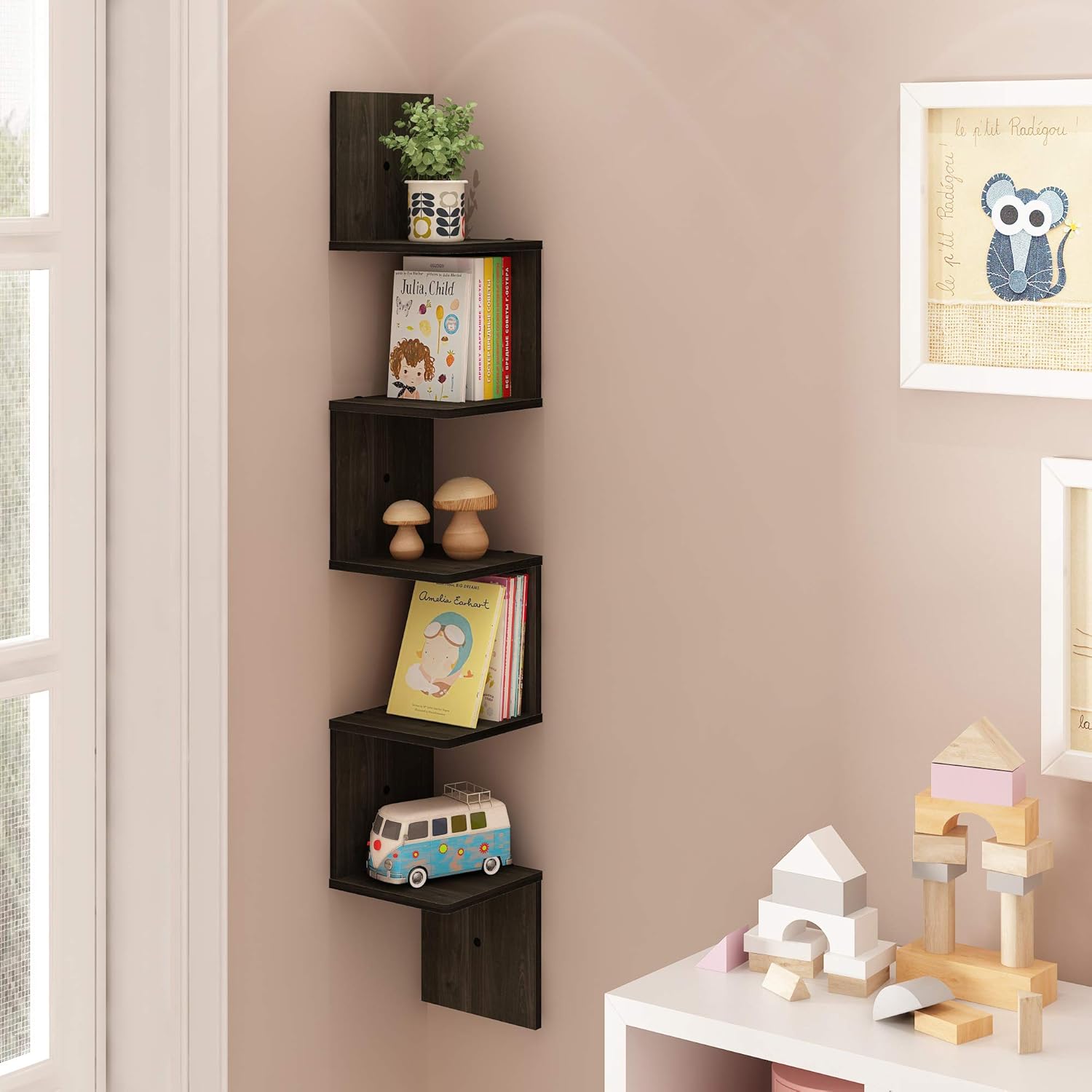 Furinno Rossi Wall Mount Floating Corner Shelf 5-Tier Espresso