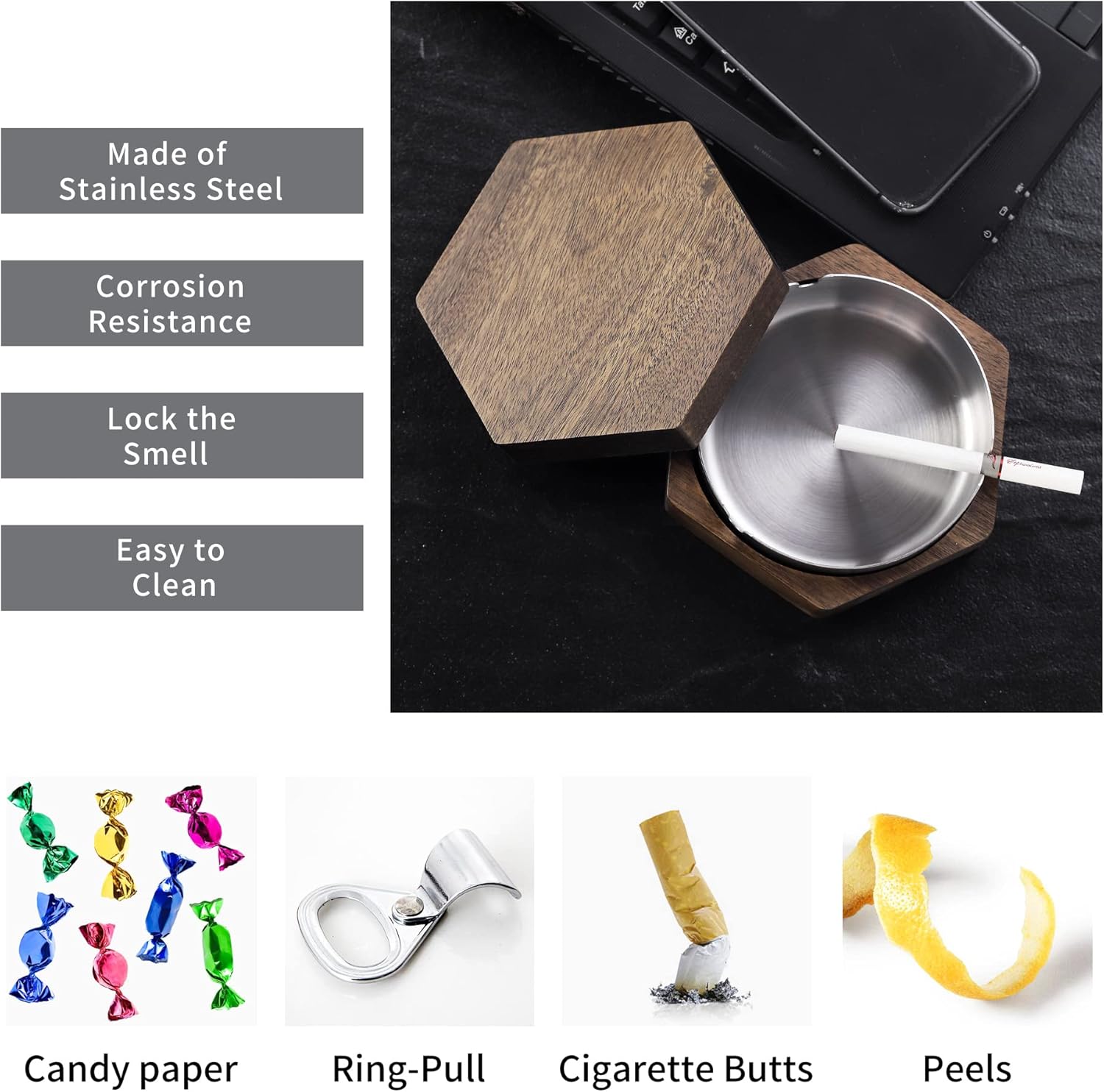 Hexagonal Wooden Ashtray with Stainless Steel Liner Gray