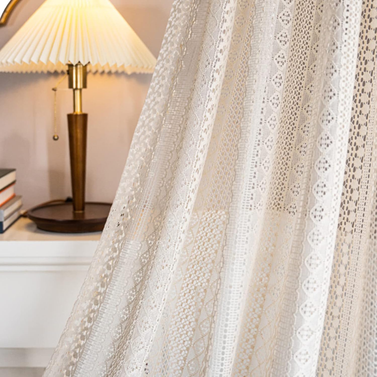 Boho Sheer Lace Curtain with Macrame Tassel