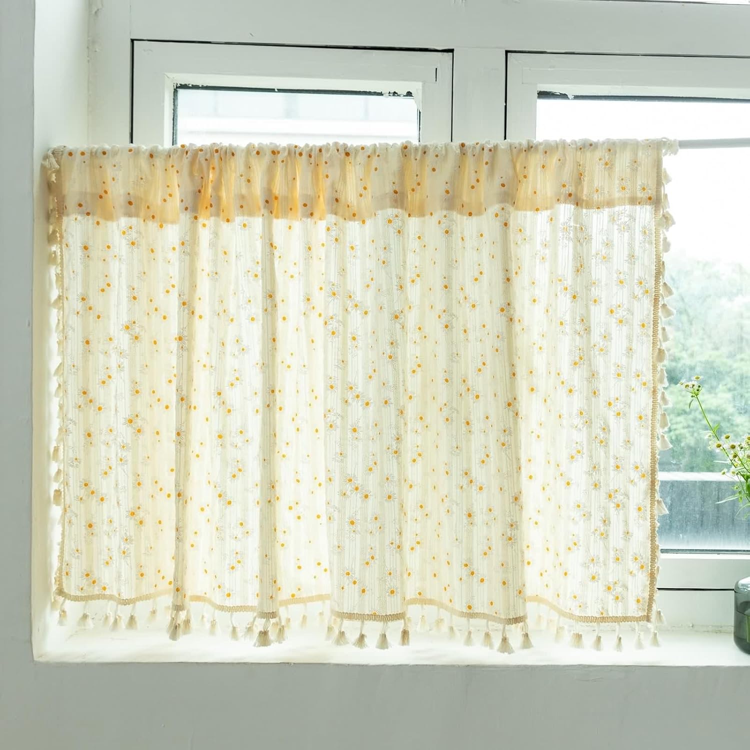 Dsnyu Small Curtains 24 Inch Beige Yellow Cotton Rod Pocket Panel