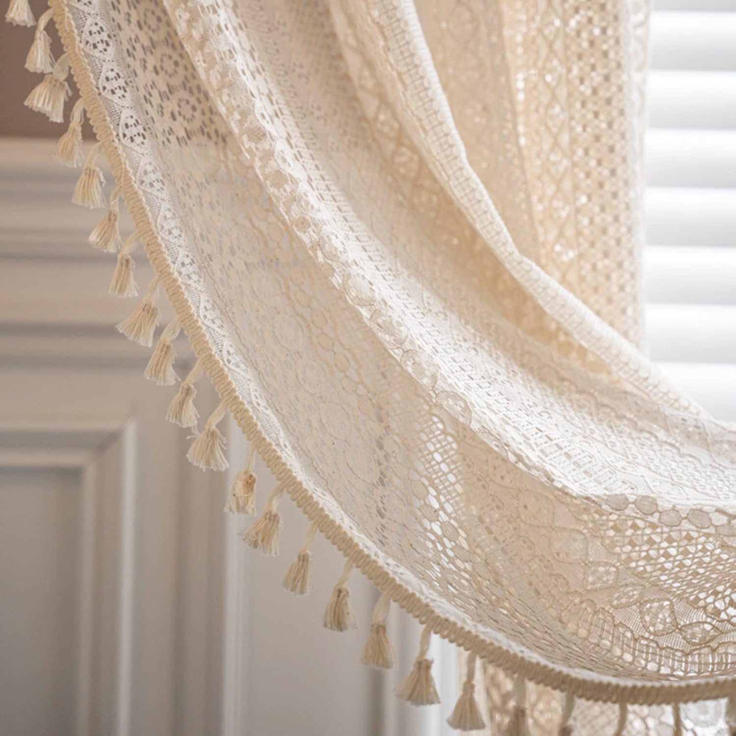 Boho Sheer Lace Curtain with Macrame Tassel