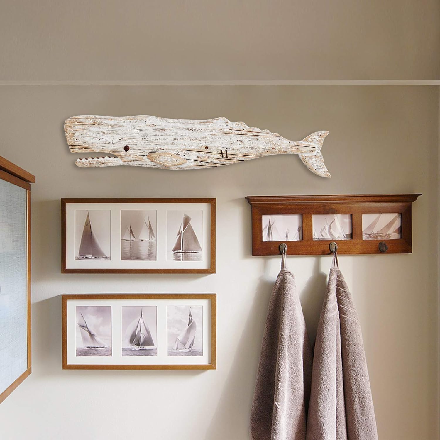 K KILIPES Wooden Whale Wall Hanging Nautical Decor