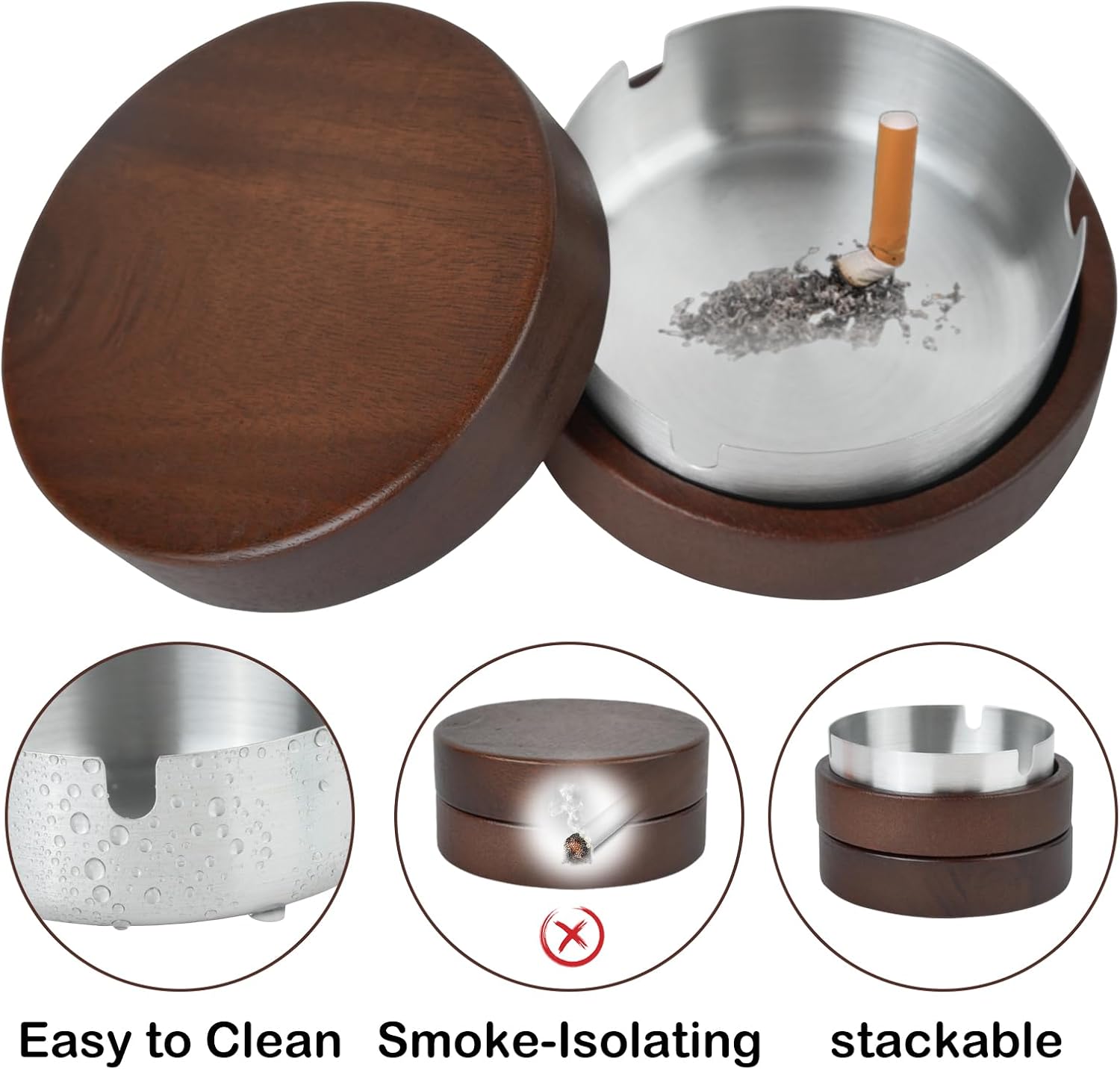 Zoyiancy 2 Pair Wooden Ashtrays with Lid for Cigarettes