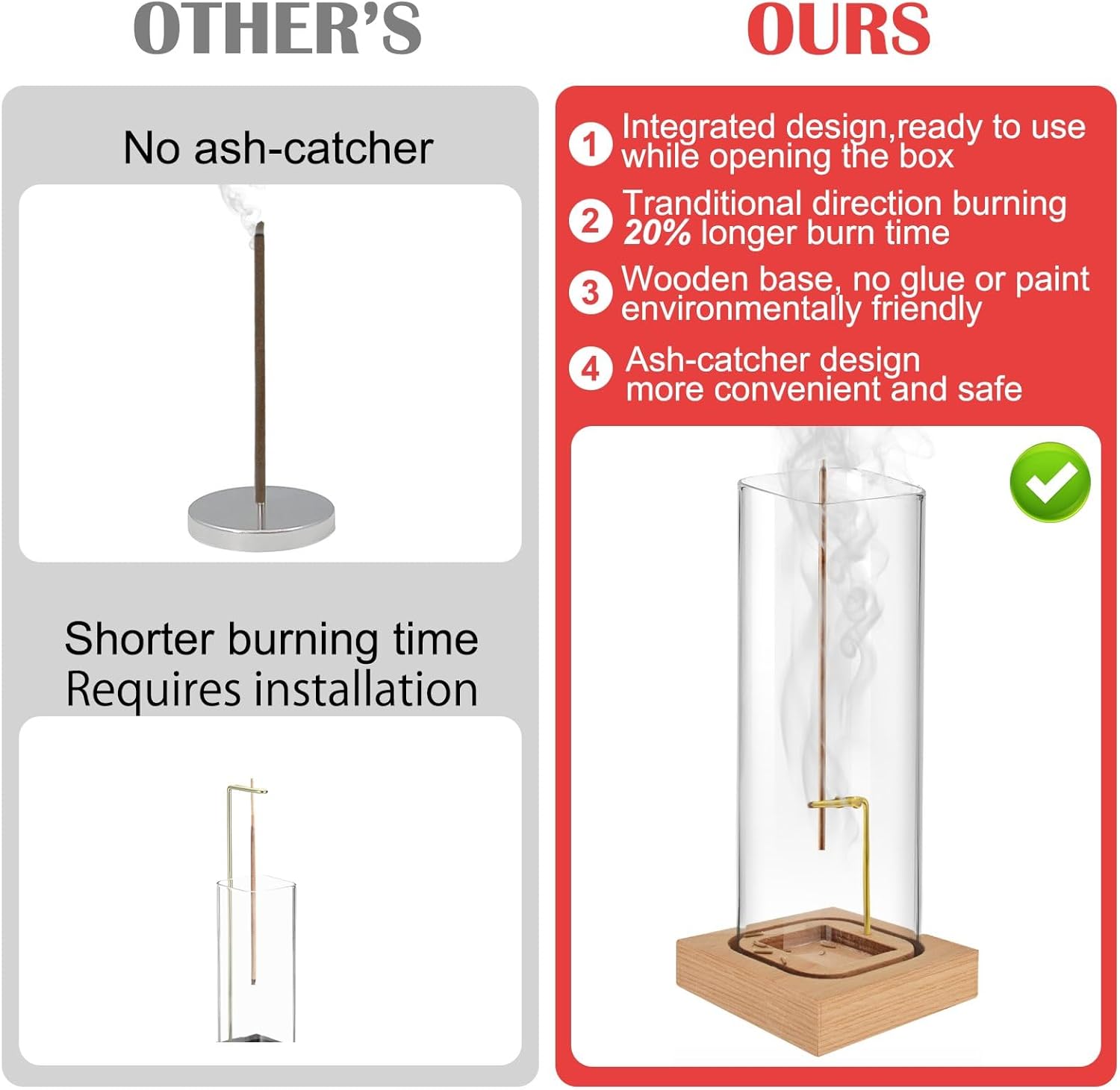 Incense Holder for Sticks with Natural Wood Base and Ash-Catcher Glass