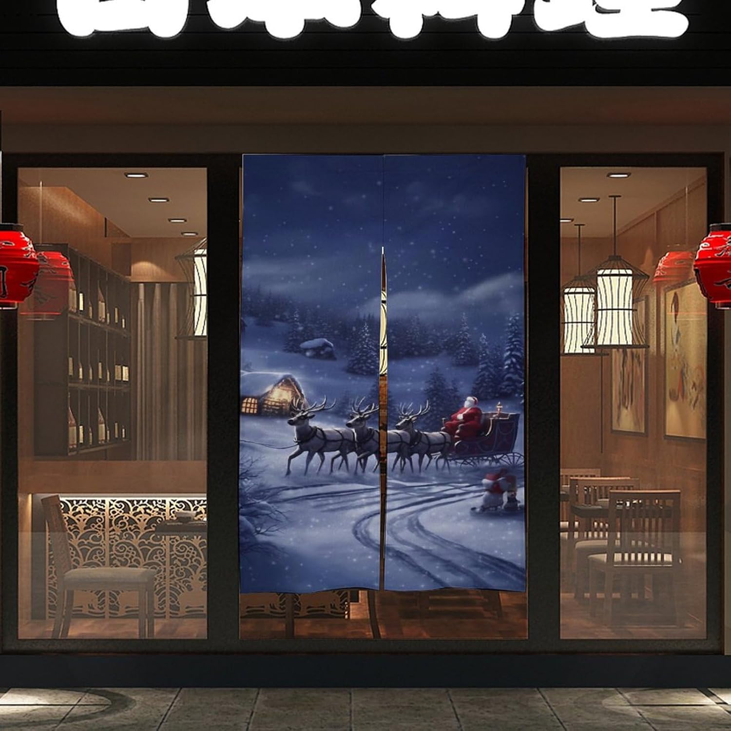Snow Night Santa and Deer Split Door Curtain