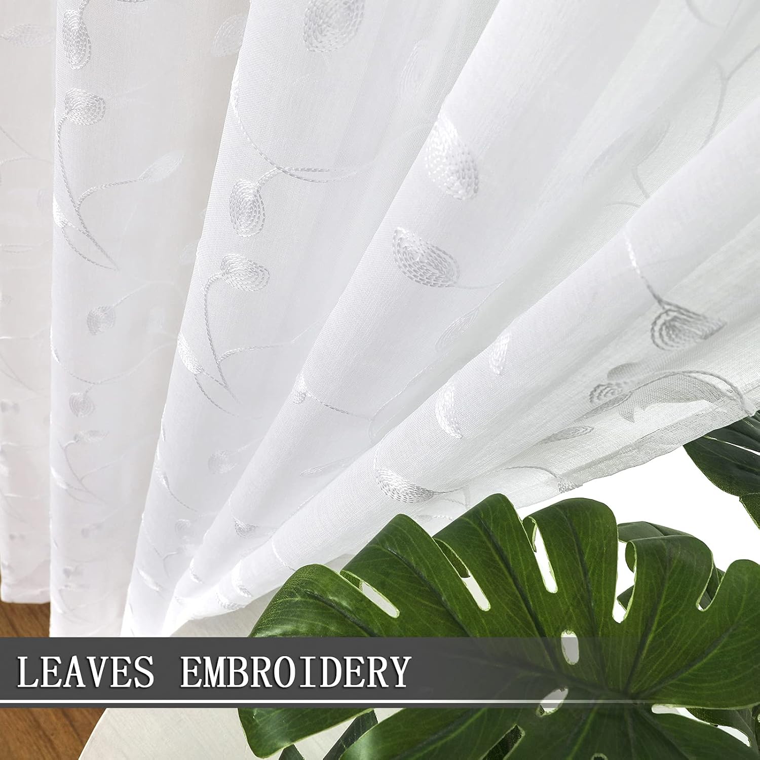 Tollpiz White Leaf Embroidered Sheer Curtains 30x24 Inches Set of 2