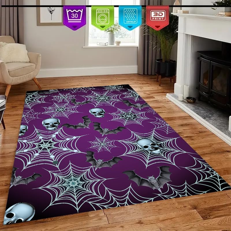 Halloween Gothic Area Rug 3x4ft Skull Bat Spider Web