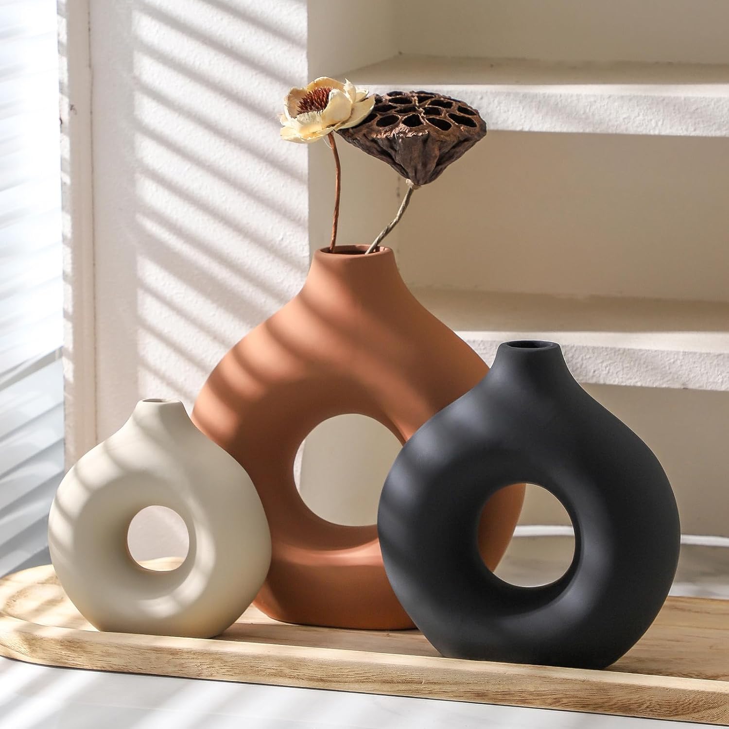 Ceramic Donut Vase Set of 3 Rust