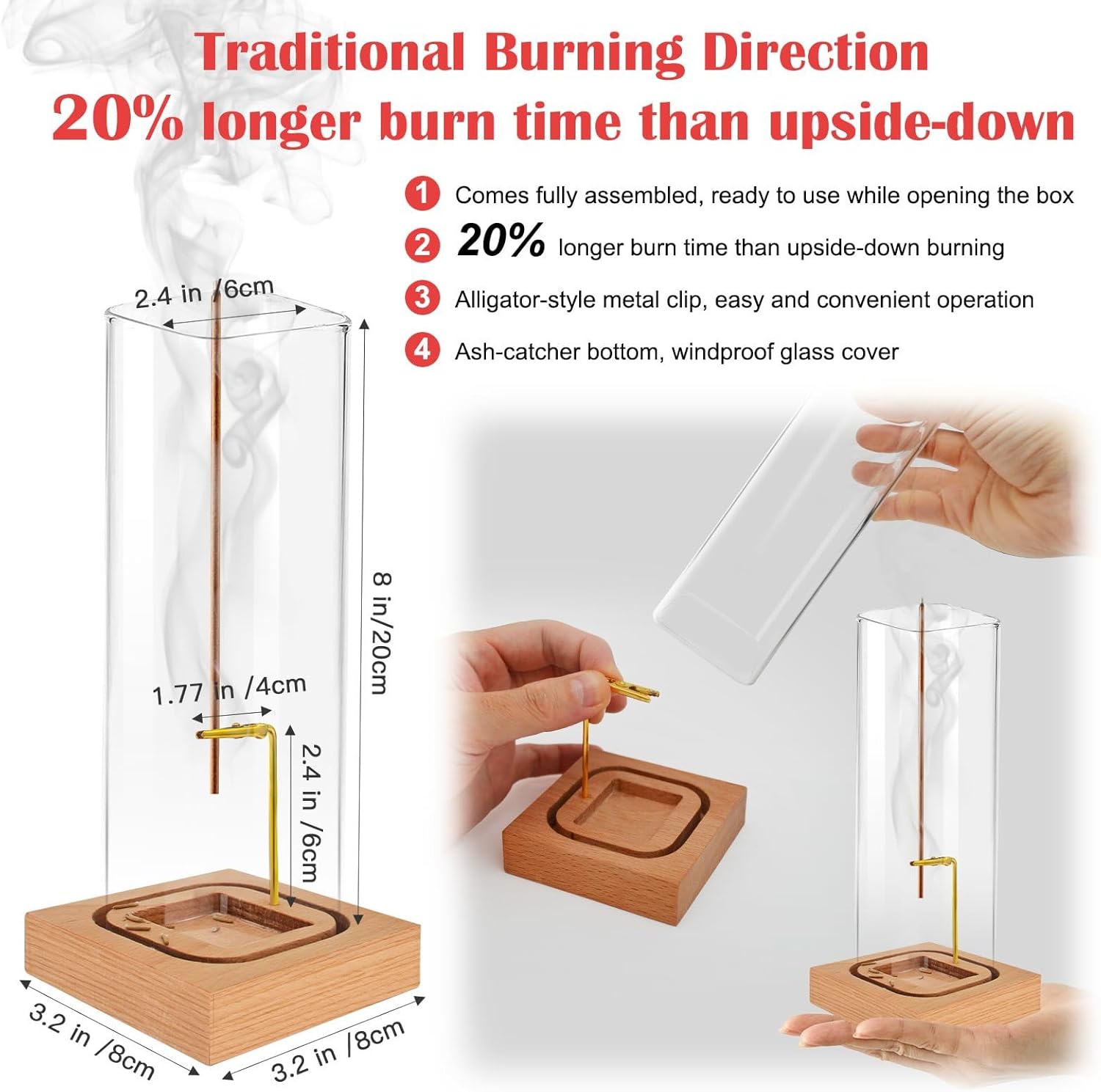 Incense Holder for Sticks with Natural Wood Base and Ash-Catcher Glass